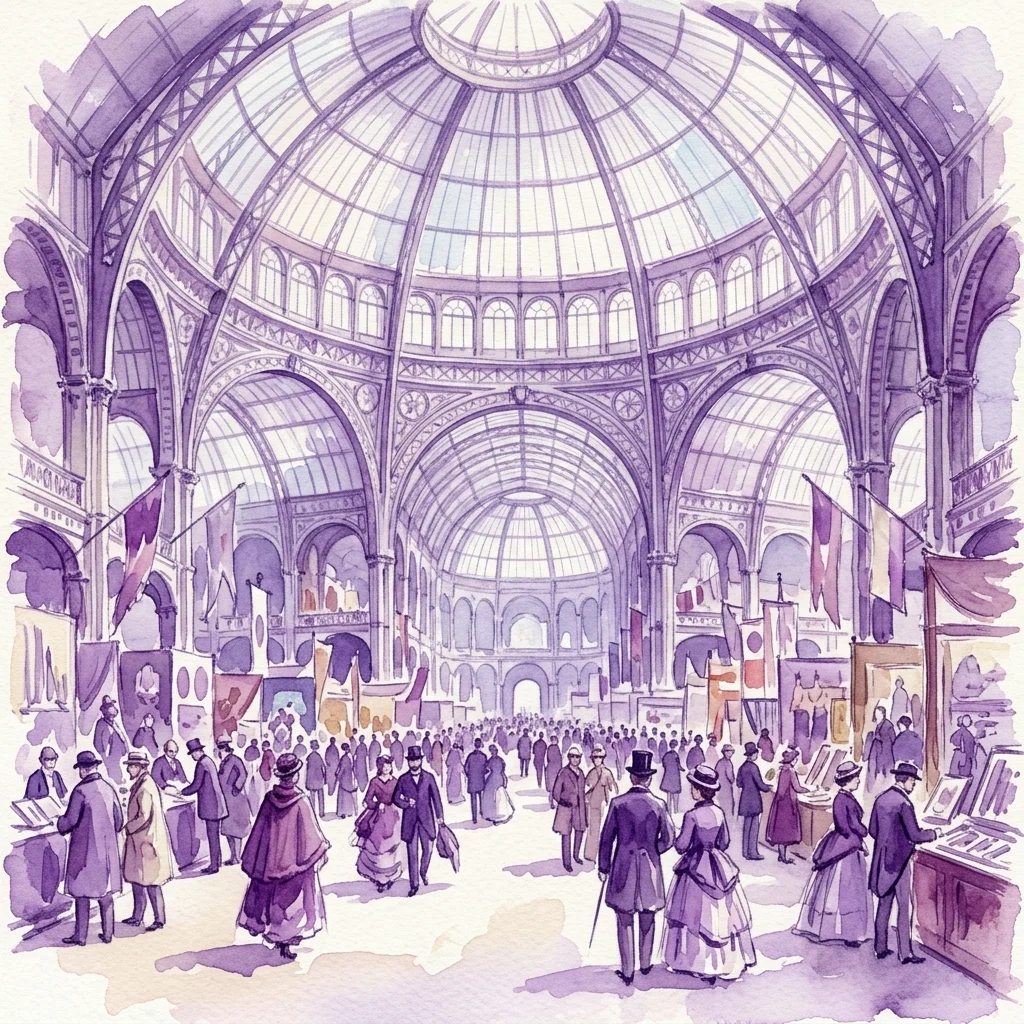 Una ilustración en acuarela de la Gran Rotonda en la Exposición Universal de Viena de 1873, que muestra a visitantes con atuendo de época explorando exposiciones bajo una vasta cúpula de cristal.