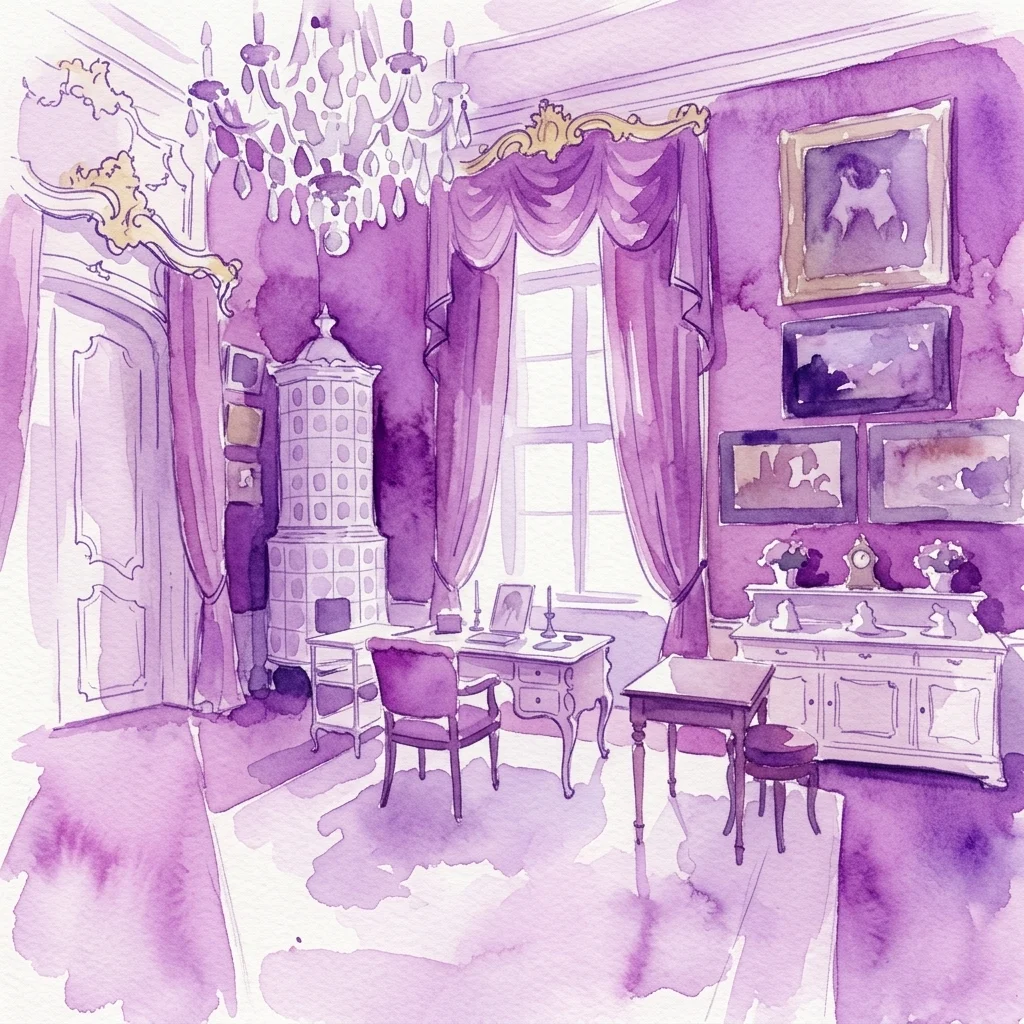 Watercolor illustration of an opulent Rococo-style room in the Imperial Apartments, featuring a crystal chandelier, purple drapery, a tiled stove, and a writing desk with personal items.