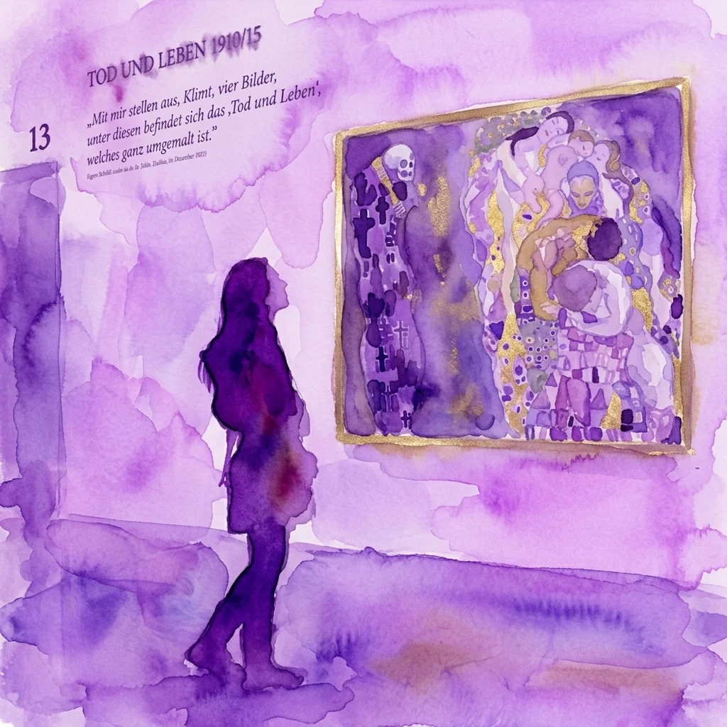 Kobieta ogląda obraz Gustava Klimta „Śmierć i życie” (1910/15) w galerii muzealnej, obok wyświetlany jest cytat Egona Schiele o tym dziele sztuki.