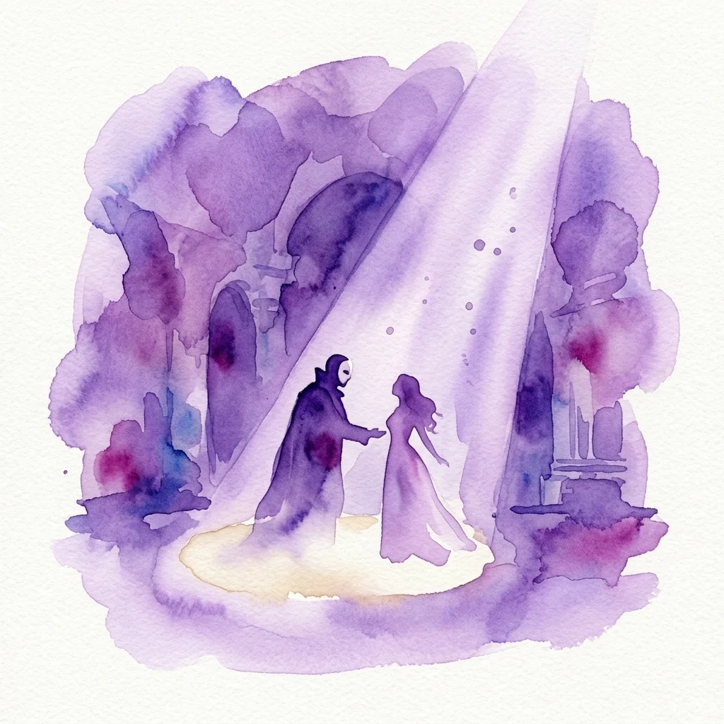 Ilustracja akwarelowa Upiora i Christine Daaé w katakumbach pod Operą Paryską, oświetlonych dramatycznym reflektorem, przywołująca gotycki romans i napięcie.