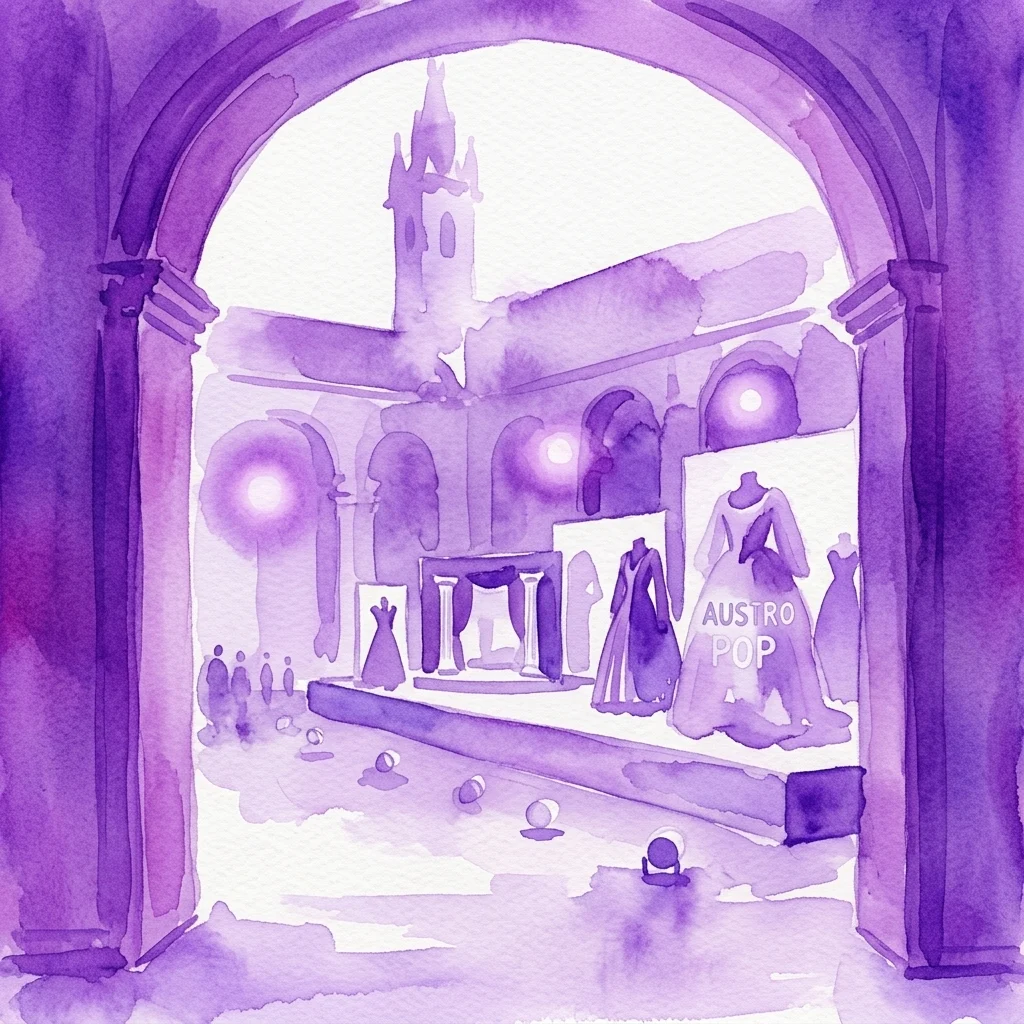 Waterverfillustratie van een interieur in barokstijl, gezien door een boog, met theatrale kostuums op display en podiummodellen, die de historische sfeer van het Theatermuseum in Wenen oproepen.