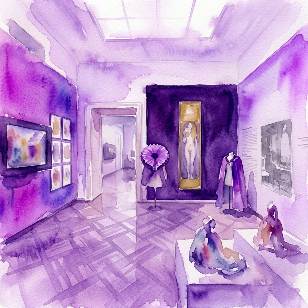 Ilustracja akwarelowa galerii muzealnej z fioletowymi ścianami, prezentująca kostiumy teatralne, rzeźby i dzieła sztuki, przywołująca kulturalną i artystyczną atmosferę.