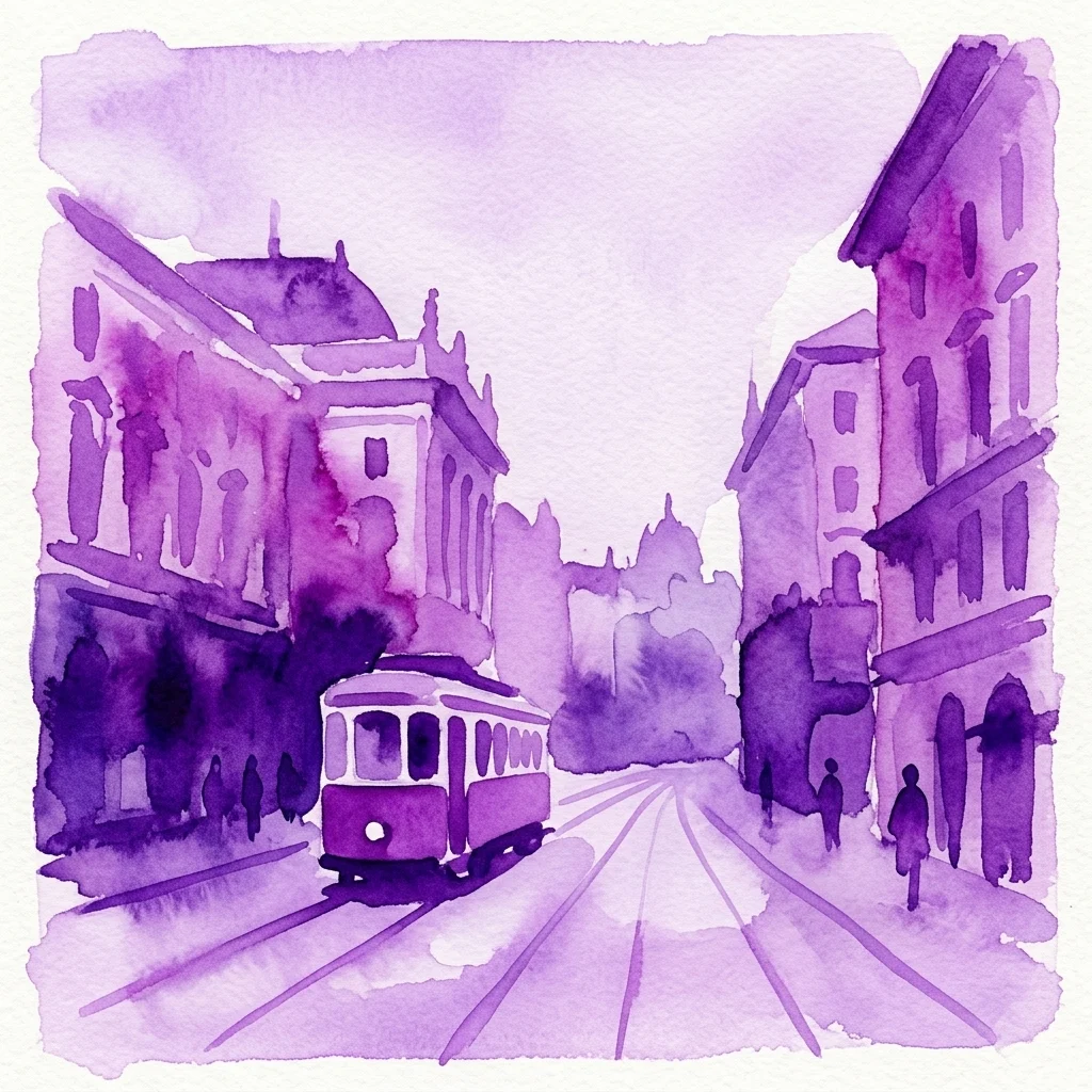 Paarse aquarelillustratie van een vintage tram in een historische Weense straat met klassieke architectuur en voetgangers.