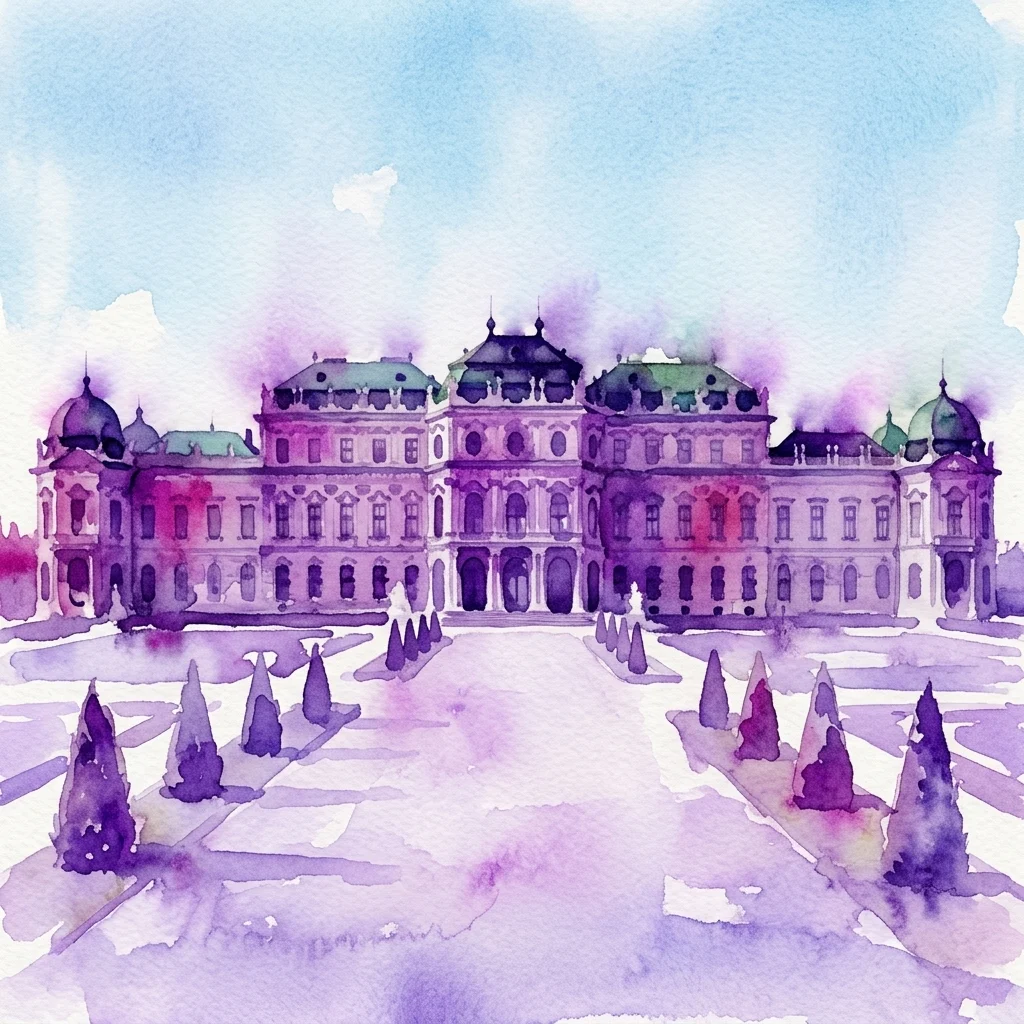 Watercolor illustration of the Upper Belvedere palace facade with manicured gardens, showcasing its Baroque architecture under a soft blue sky.