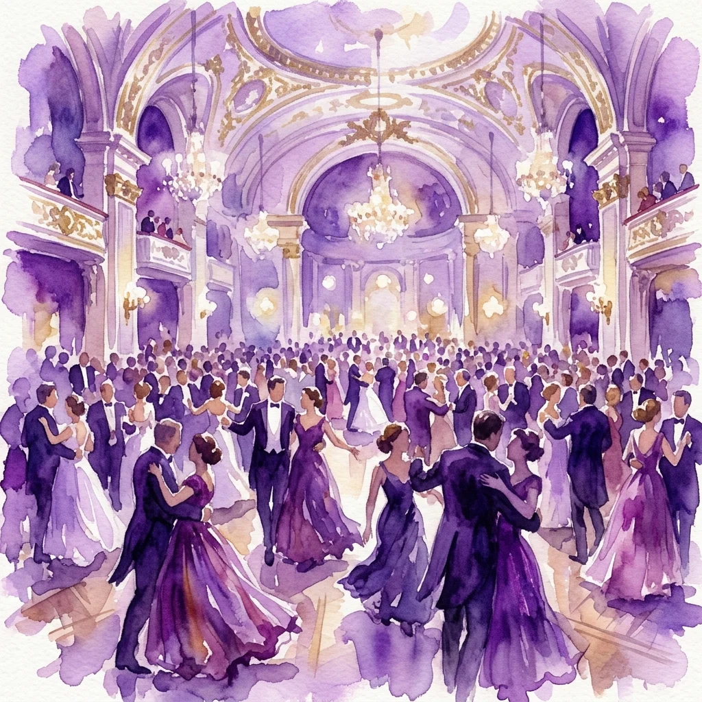 Een aquarelillustratie van het Weense Operabal, waarop elegant geklede koppels dansen in de grote, sierlijke balzaal van de Weense Staatsopera, verlicht door kroonluchters en badend in paars en goud licht.