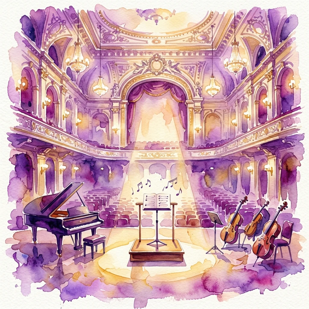 Un ornamentado interior de sala de conciertos con un gran escenario, candelabros e instrumentos musicales como un piano y violonchelos, iluminado por una luz cálida y notas musicales.