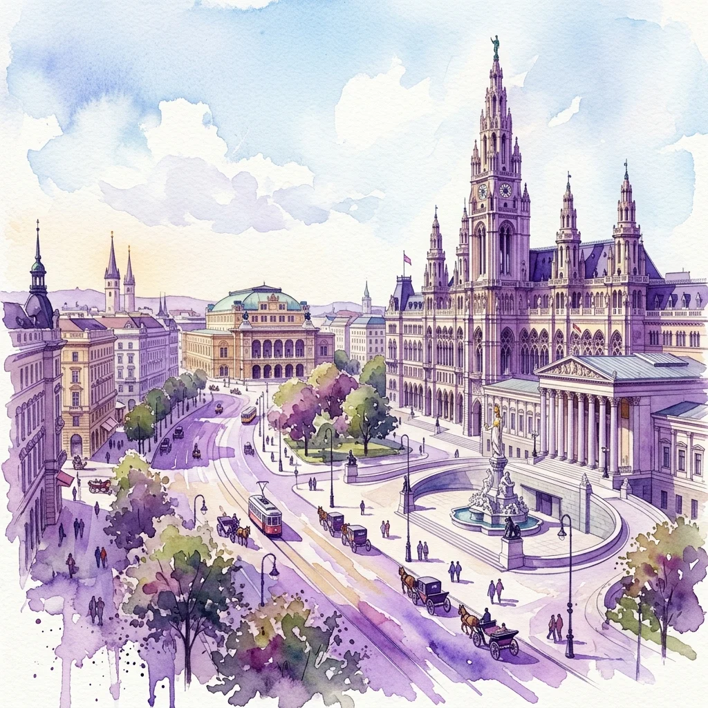 Ilustracja akwarelowa wiedeńskiej Ringstrasse przedstawiająca Ratusz Miejski, Operę Państwową i Parlament pod czystym niebem, ukazująca architekturę w stylu historyzmu i wielkomiejski splendor.