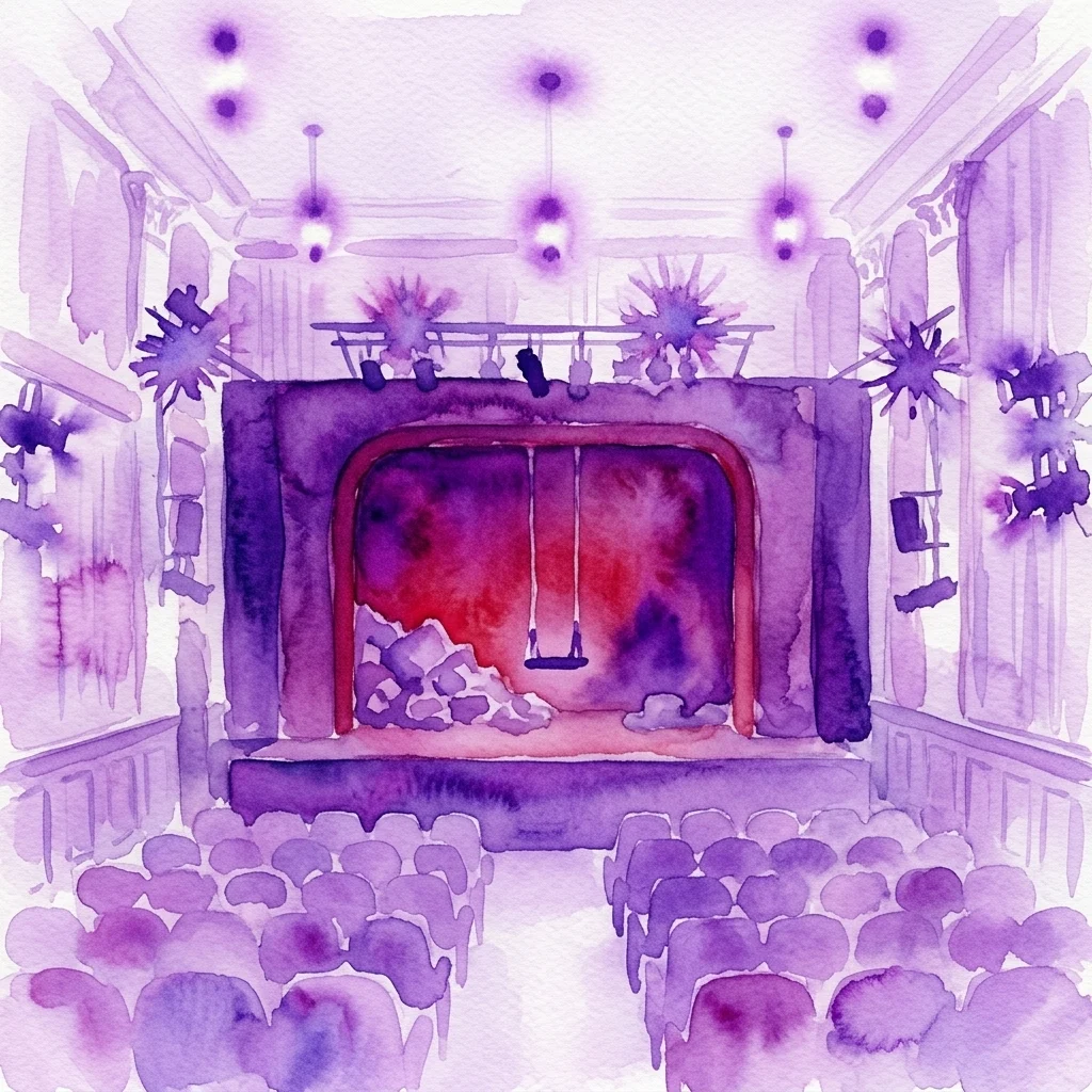 Ilustracja akwarelowa sceny English Theatre w Wiedniu z fioletowym oświetleniem, czerwoną kurtyną i miejscami dla publiczności, przywołująca klasyczną atmosferę występu.