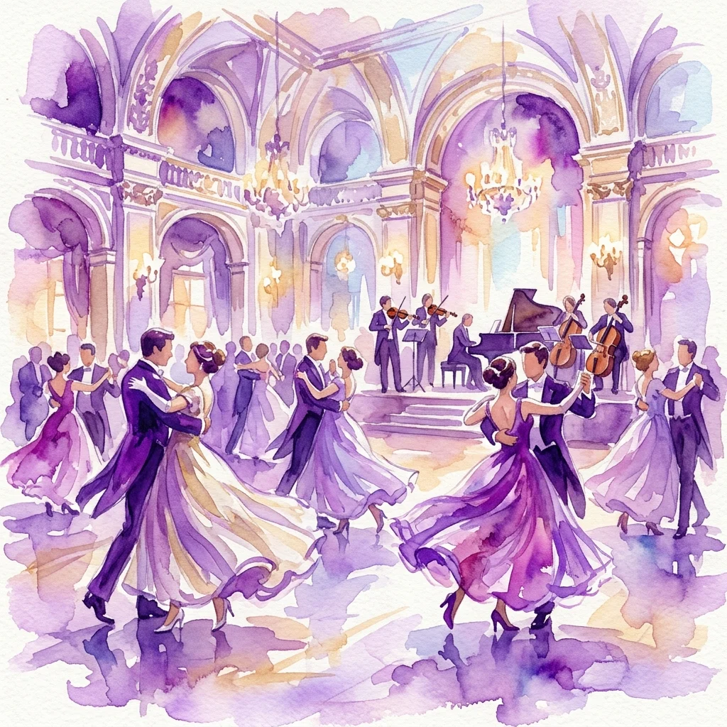Ilustracja akwarelowa par tańczących walca wiedeńskiego w wielkiej, ozdobnej sali balowej z muzykami grającymi muzykę klasyczną w tle.