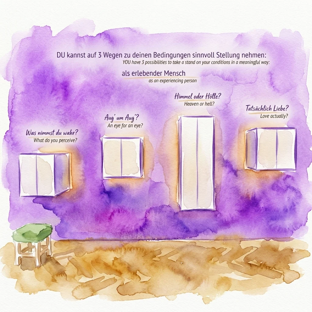 An interactive museum exhibit illustrating Viktor Frankl's three ways to find meaning: perception, attitude, and love, with text in German and English on a purple watercolor background.
