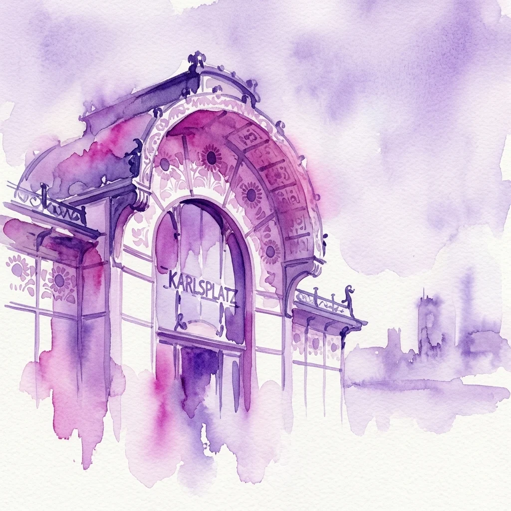Waterverfillustratie van het Karlsplatz-paviljoen, een art-nouveau-structuur ontworpen door Otto Wagner, met ingewikkelde bloemmotieven en een paars getinte architecturale façade.