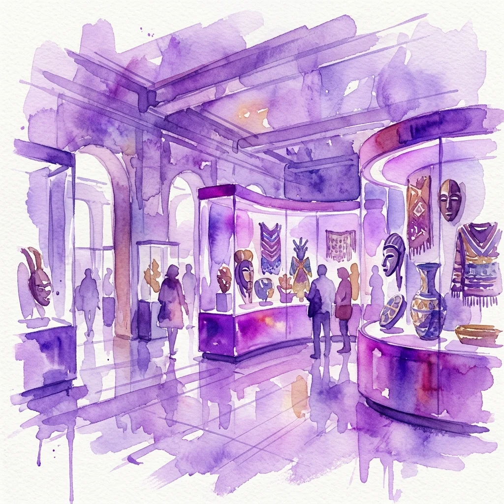 Ilustración en acuarela de una sala de exposiciones en el Weltmuseum Wien, que presenta artefactos etnográficos como máscaras, textiles y cerámica expuestos en vitrinas, con visitantes explorando la galería.