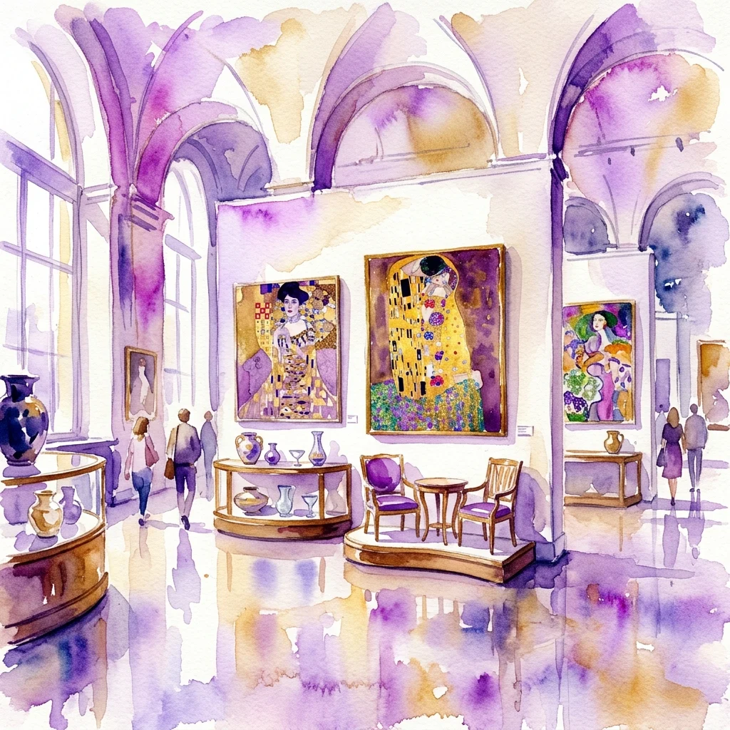 Ilustracja akwarelowa wnętrza Muzeum Leopolda, prezentująca ikoniczne dzieła sztuki z okresu wiedeńskiego modernizmu, w tym 'Pocałunek' Gustava Klimta i inne obrazy, z odwiedzającymi zwiedzającymi galerię.