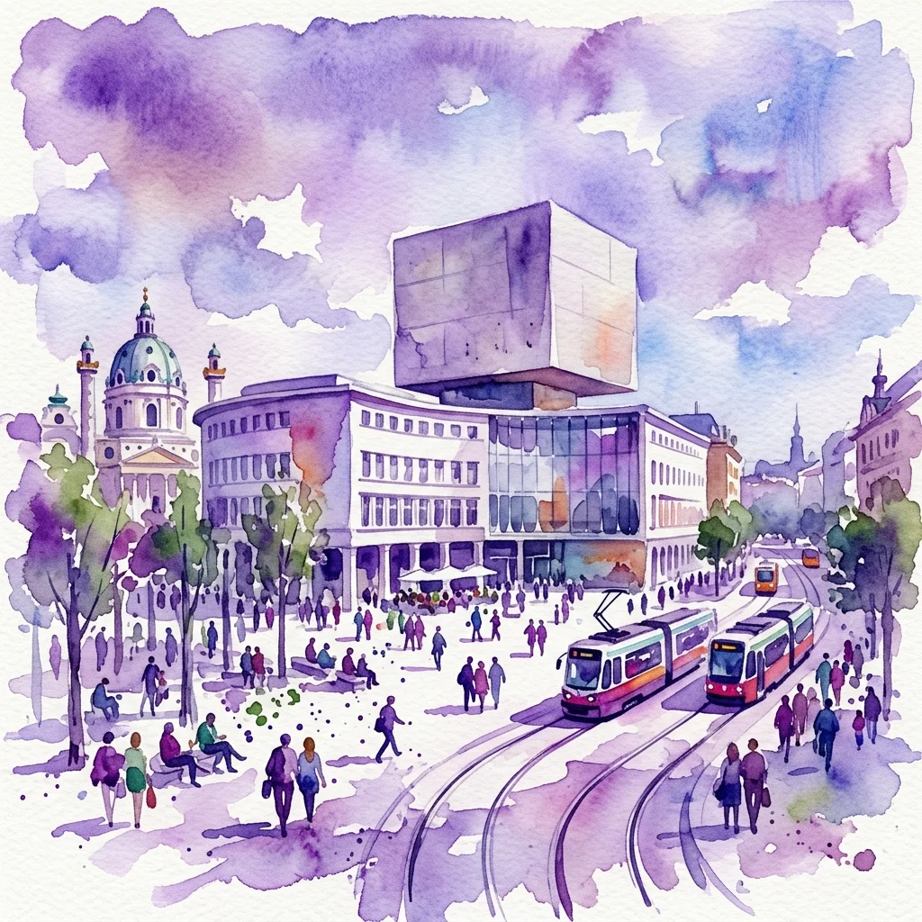 Waterverfillustratie van het gerenoveerde Wien Museum Karlsplatz, met de moderne betonnen kubusuitbreiding, een historisch gebouw met een groene koepel en een levendig openbaar plein met tramsporen en voetgangers.