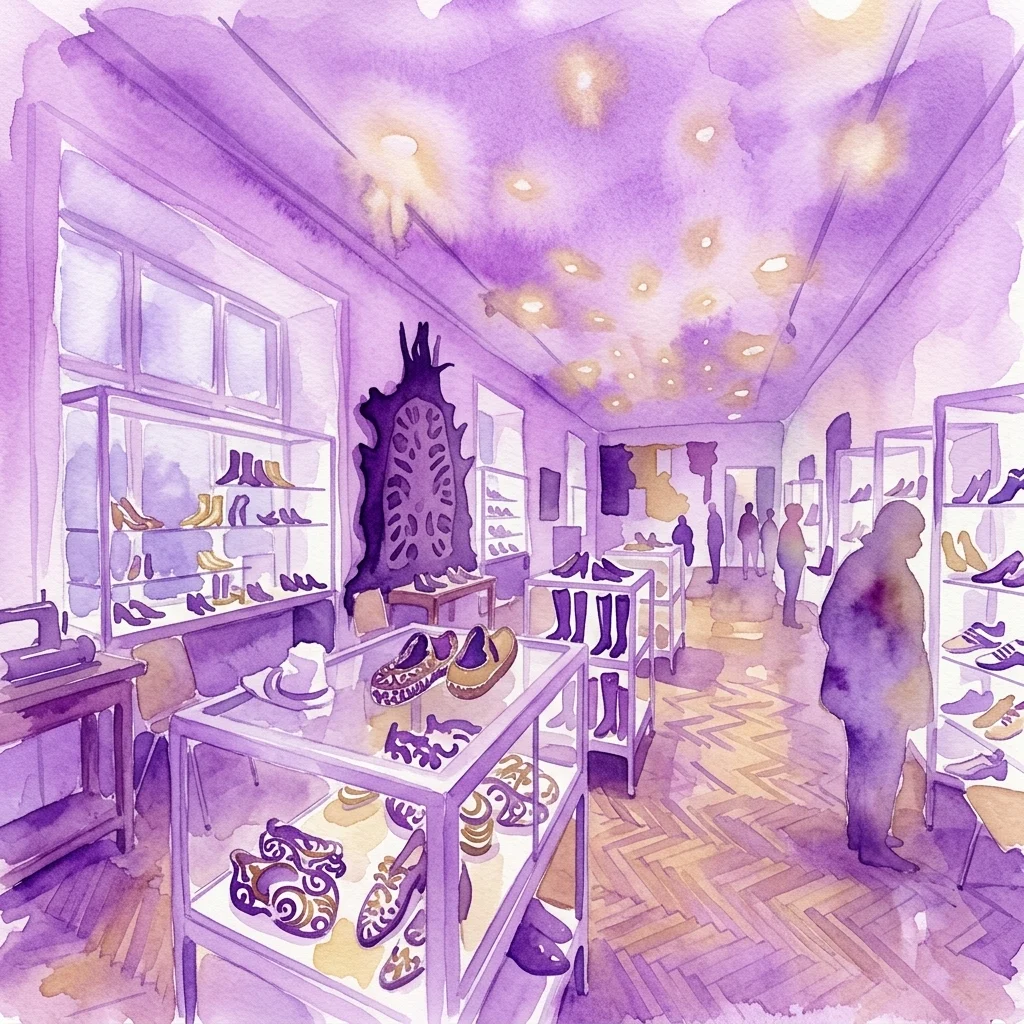 Waterverfillustratie van het interieur van het Weense Schoenmuseum, met historische schoenen op displayplanken onder warme verlichting, terwijl bezoekers de collectie bekijken.