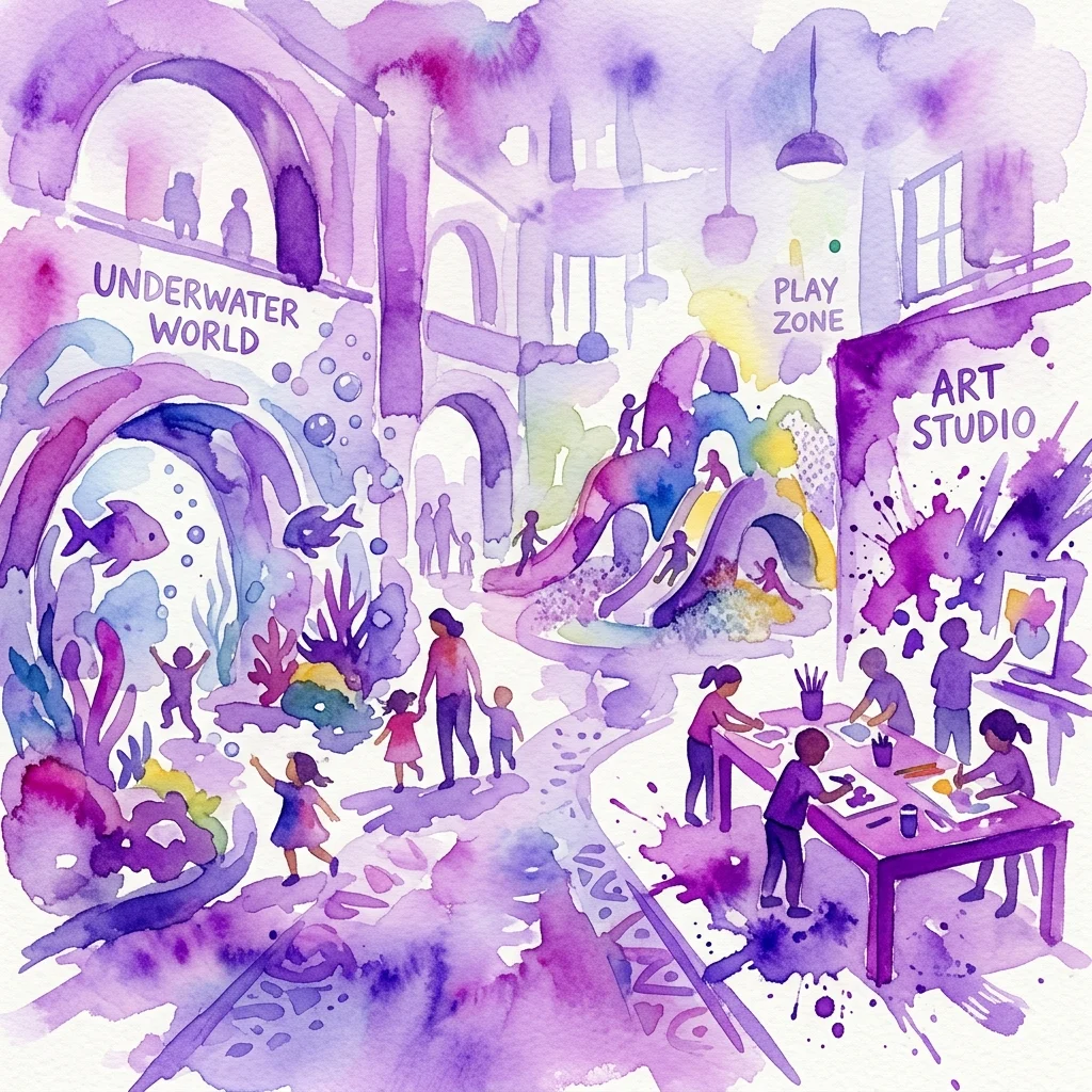 Ilustracja akwarelowa wnętrza ZOOM Kindermuseum przedstawiająca dzieci odkrywające strefy tematyczne: Podwodny Świat, Strefa Zabaw i Studio Sztuki z kolorowymi interaktywnymi wystawami.