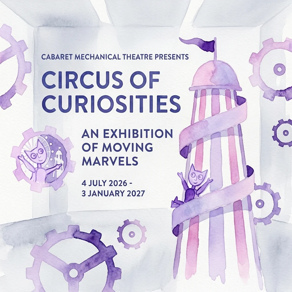 Póster de acuarela en tonos morados para la exposición Circus of Curiosities, que muestra engranajes decorativos, una torre de circo a rayas y un pequeño personaje fantástico. Fechas del 4 de julio de 2026 al 3 de enero de 2027.