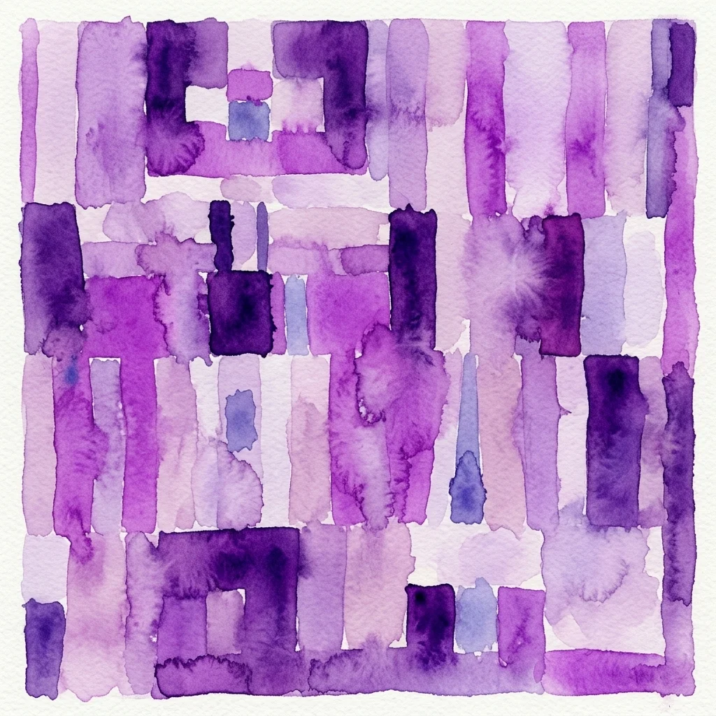 Composición abstracta en acuarela de formas geométricas en tonos púrpura y lavanda que evoca el estilo de patchwork improvisado de las colchas de Gee's Bend.