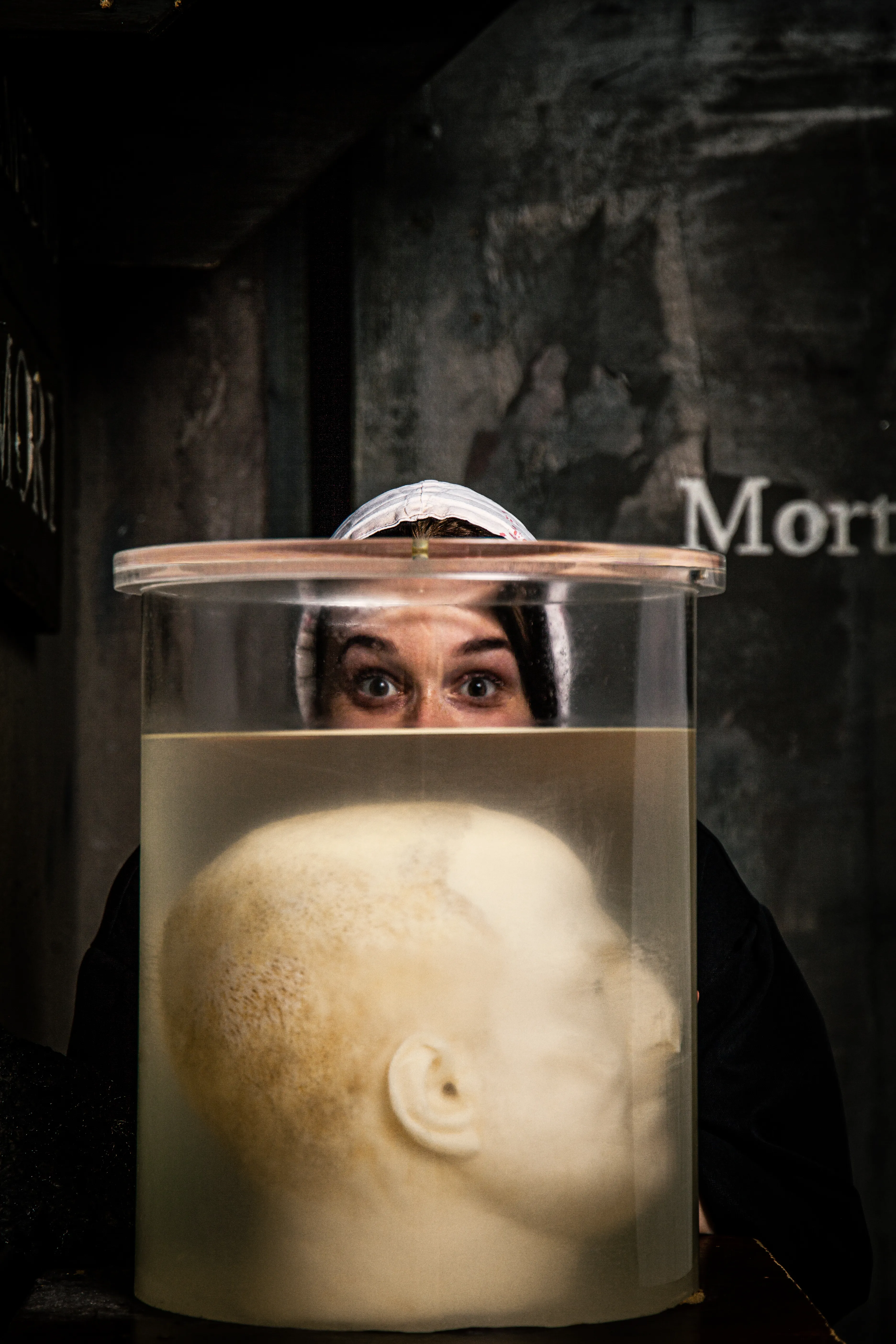 Cabeza preservada en un frasco de vidrio con líquido, persona asomándose por encima del recipiente, oscuro fondo similar a una mazmorra con texto parcial de 'Mort' visible