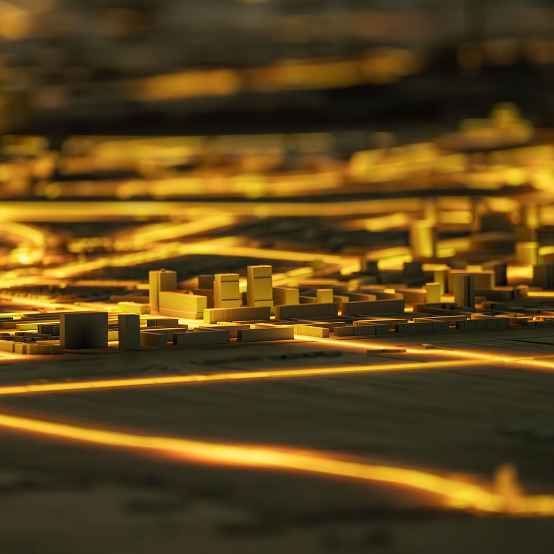 3D city model with glowing pathways and illuminated structures highlighting urban layout