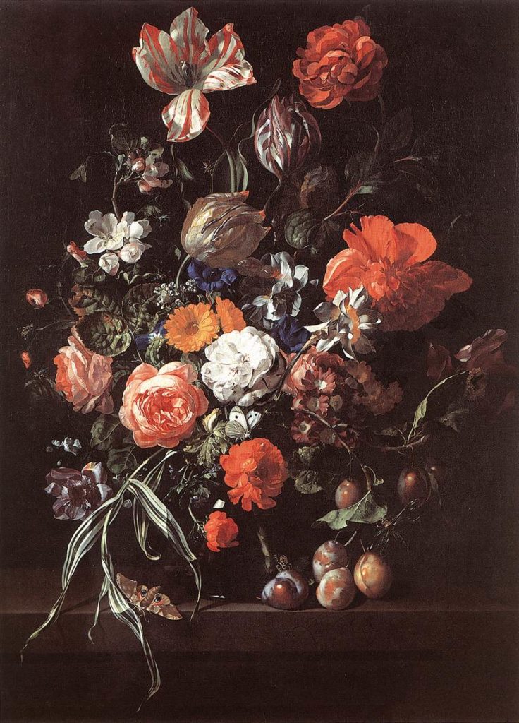 Still life painting of vibrant tulips, roses, plums, and oranges arranged against a dark background with detailed floral composition.