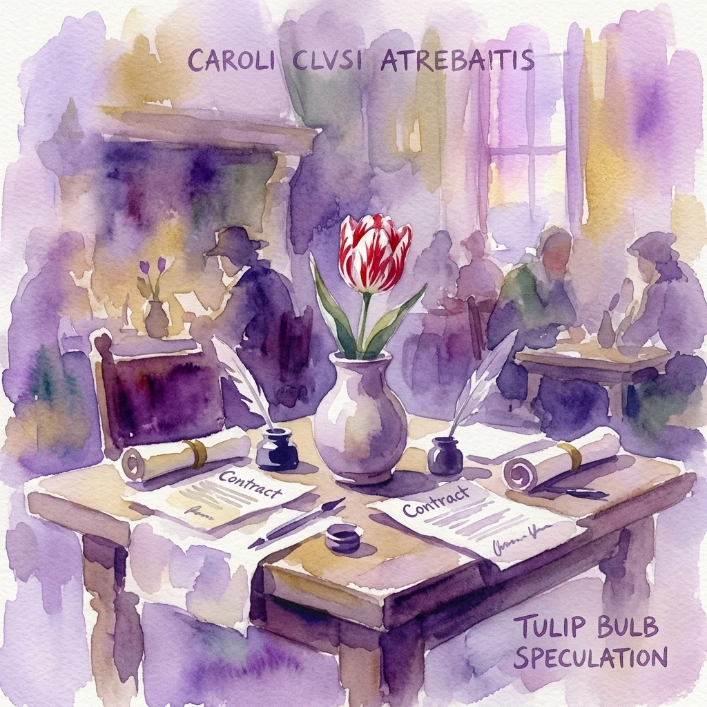 Ilustración en acuarela de una mesa de taberna holandesa del siglo XVII con contratos de especulación de bulbos de tulipán, tinteros y un tulipán a rayas rojas y blancas en un jarrón.