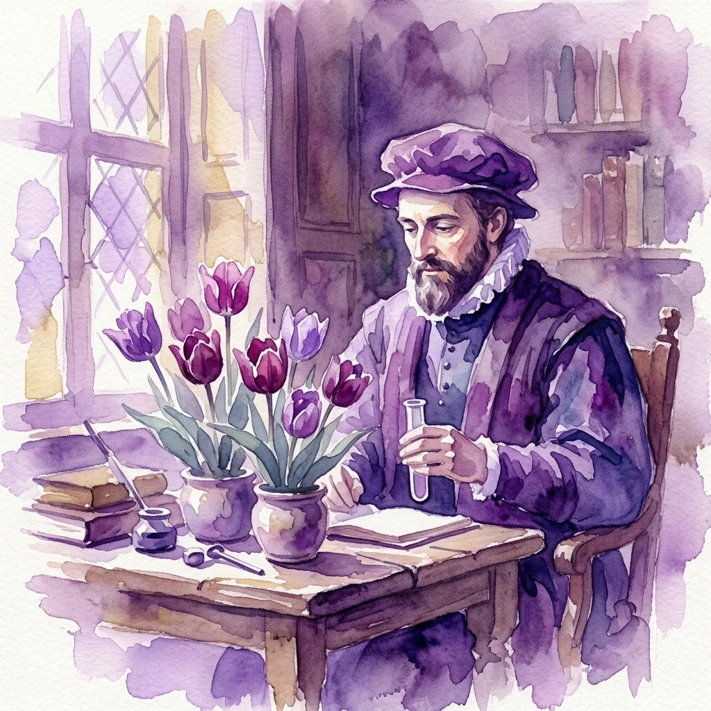 A watercolor illustration of Carolus Clusius, a 16th-century botanist, studying tulips in his scholarly study with books and a quill.