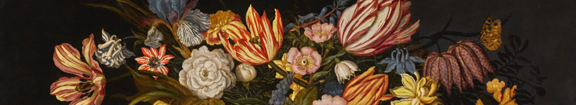 Vibrant floral still life with detailed tulips, roses, and other blossoms in rich colors against a dark background