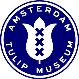Circular blue and white logo with 'Amsterdam Tulip Museum' text surrounding a stylized tulip containing cross symbols