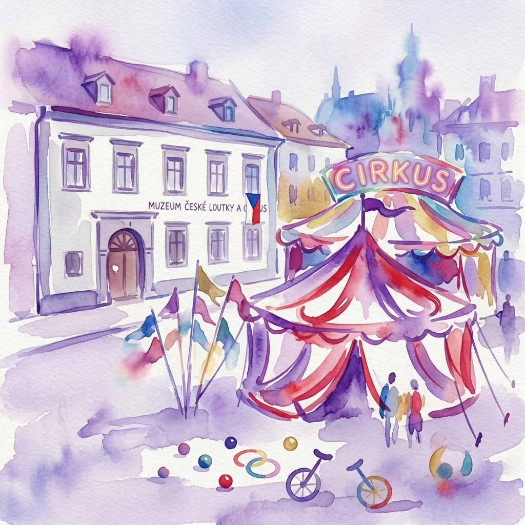 Waterverfillustratie van het Museum van Tsjechisch Poppenspel en Circus met een kleurrijke circustent, jongleerattributen en vintage circus-elementen op een stadsplein.