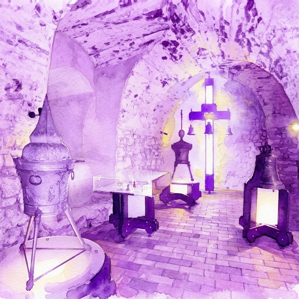 Una representación en acuarela de una exposición de museo sobre la fundición de campanas checa, que incluye campanas históricas, un horno de fundición de campanas y vitrinas en un salón abovedado de piedra.