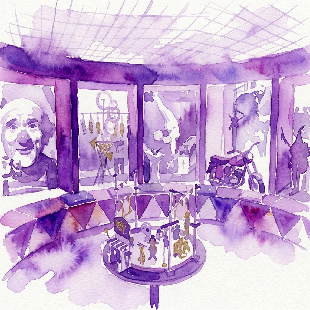 Waterverfillustratie van de Tsjechische Poppen- en Circusexpositie, met een centraal poppentheater met marionetten, omringd door circustoebehoren, kostuums en vintage posters in een levendig paars palet.