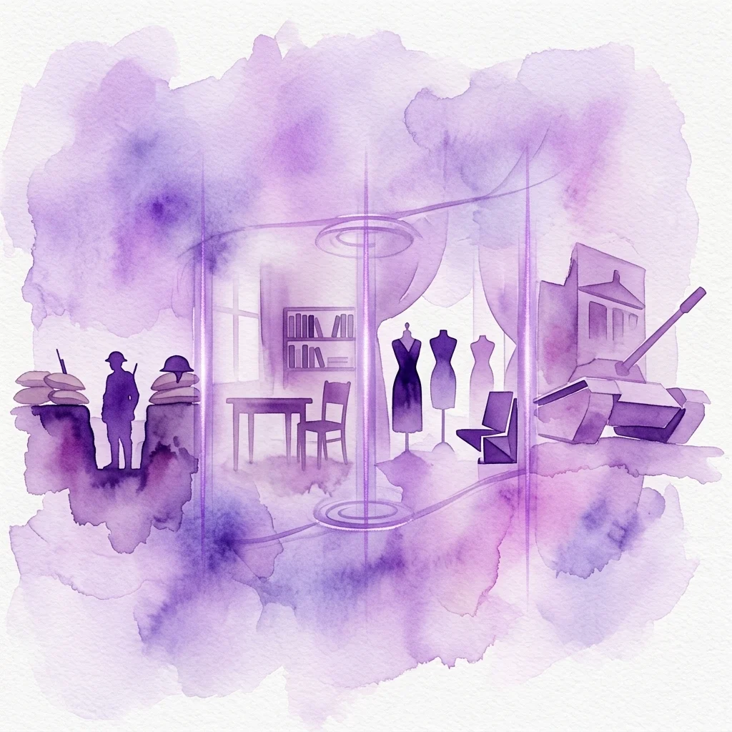 Ilustración en acuarela de una exposición de historia del siglo XX con un soldado de la Primera Guerra Mundial, un apartamento de época, maniquíes de moda y un tanque, que representa la historia checa desde la Primera Guerra Mundial hasta la adhesión a la UE.