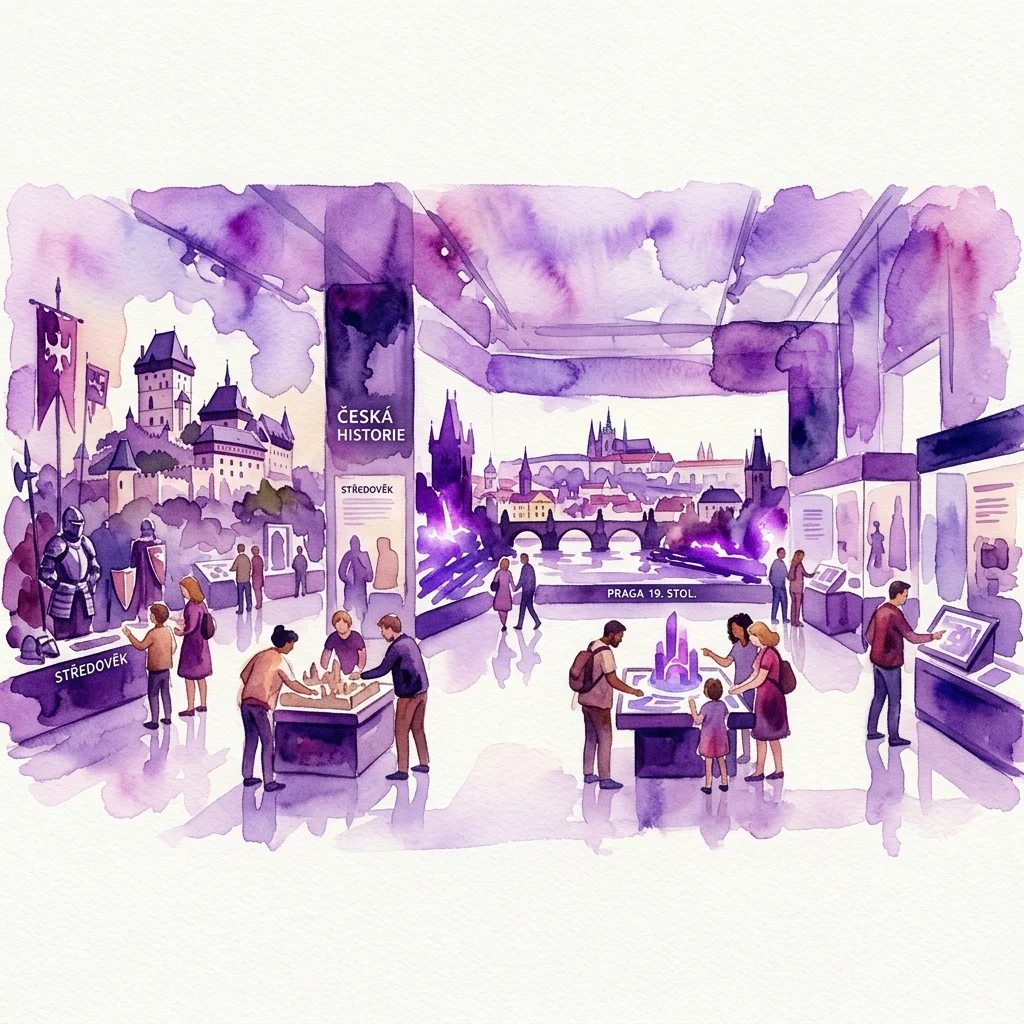 Ilustración en acuarela de una galería de museo con visitantes explorando exposiciones sobre la historia checa, que incluyen armaduras medievales, Praga en el siglo XIX y exhibiciones interactivas.