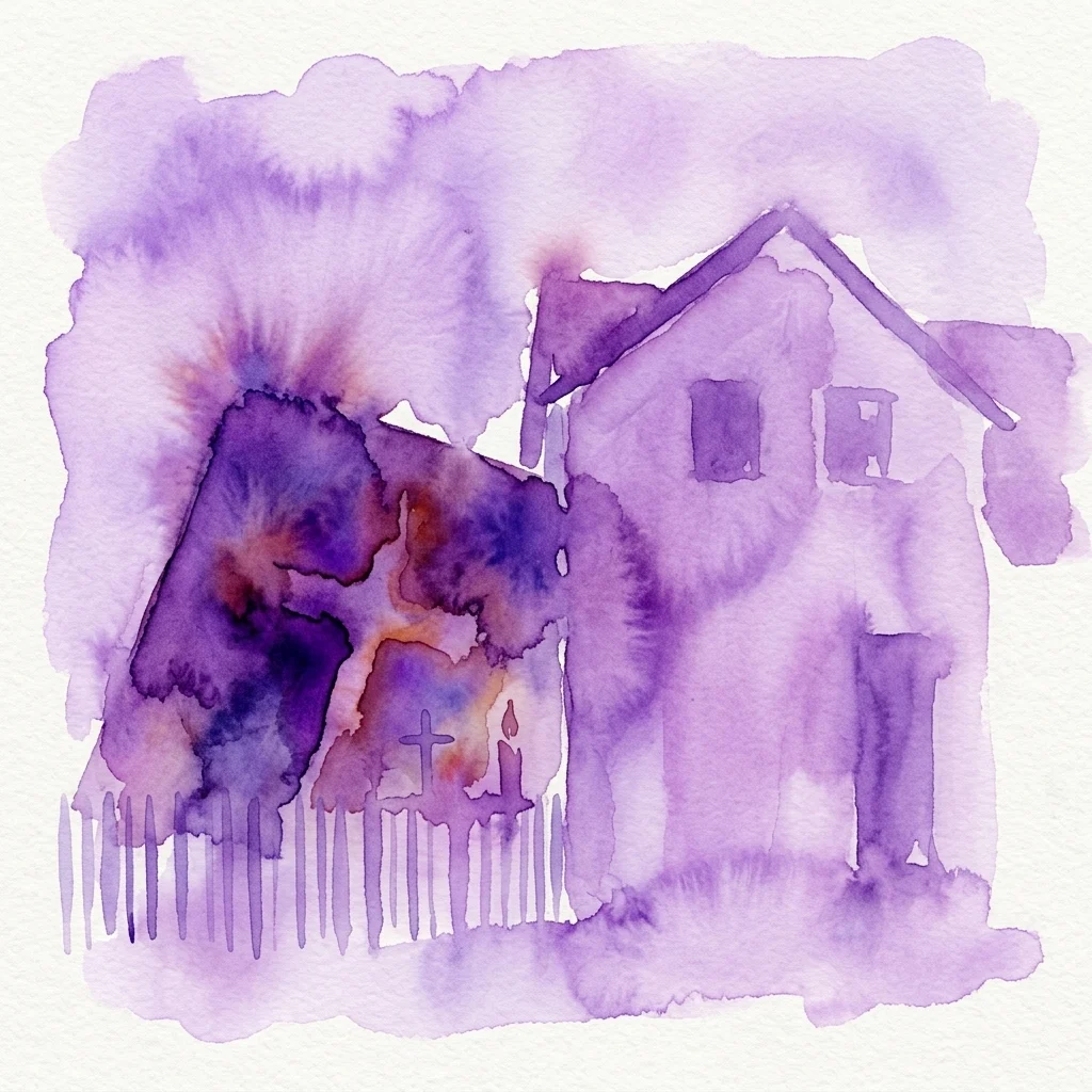 Een aquarel van het Jan Palach-monument in Všetaty, met een huis met een kruis en kaars op de voorgrond, dat herinnering en opoffering symboliseert.