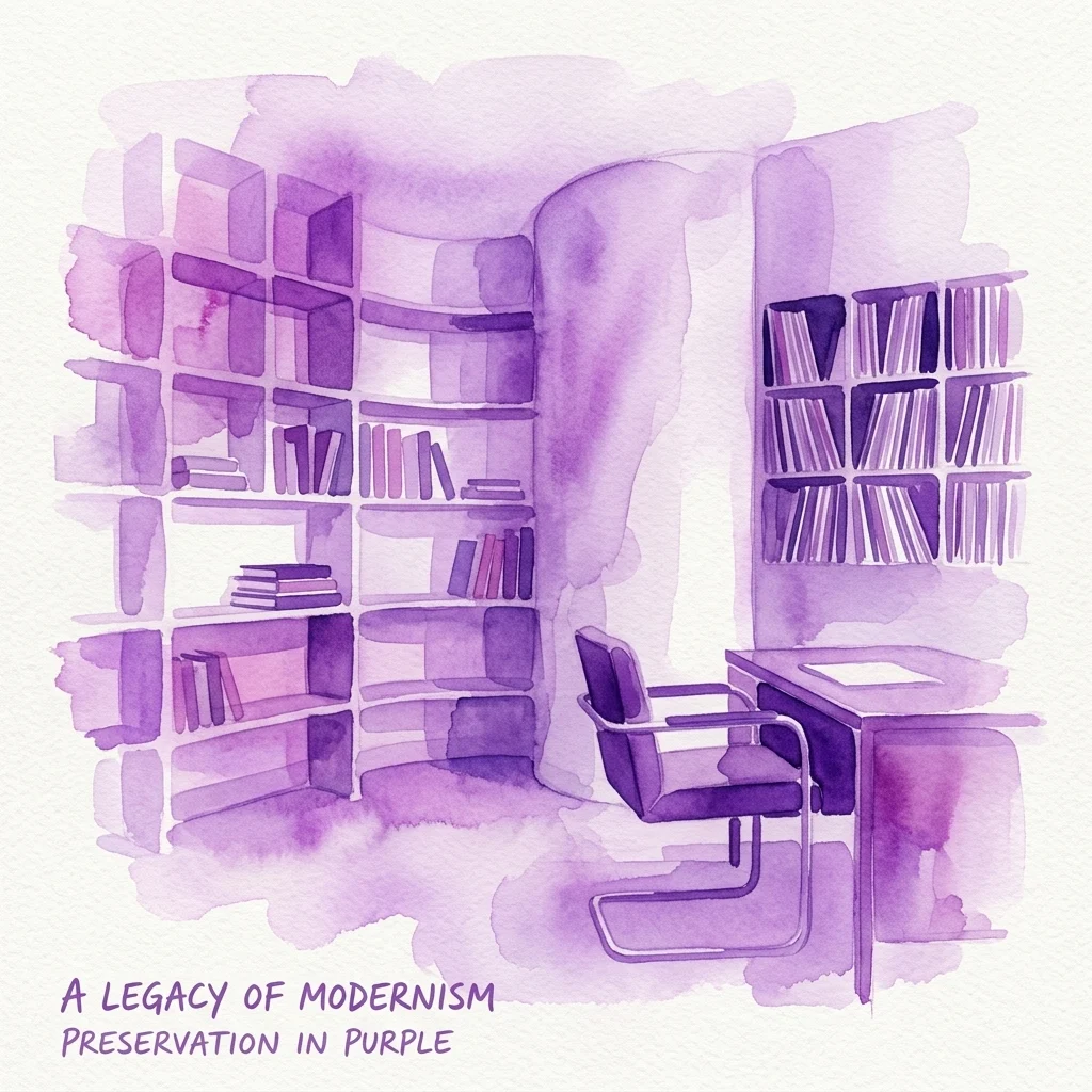 Una ilustración en acuarela de un interior de habitación funcionalista con estanterías de tonos morados, un escritorio y una silla, que representa la biblioteca y el espacio de estudio conservados del Memorial Jaroslav Ježek.