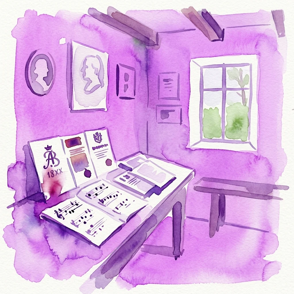 Ilustración en acuarela del interior del Josef Suk Memorial, que muestra un escritorio con partituras y documentos, retratos enmarcados y una ventana, evocando el espacio creativo del compositor.