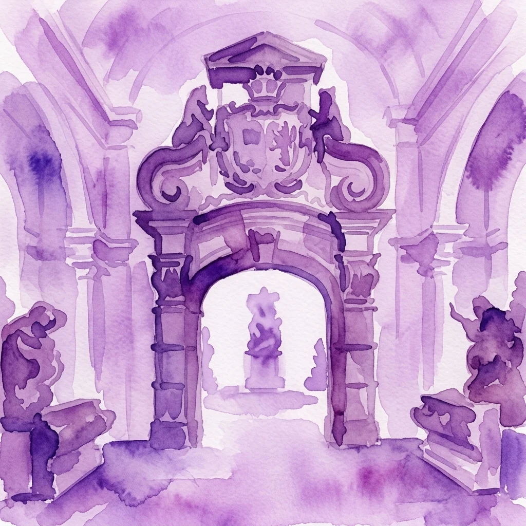 Una ilustración en acuarela de un gran portal de piedra con elaboradas tallas y un escudo de armas, flanqueado por esculturas, que evoca una sala de exposiciones histórica de arte de piedra bohemio medieval.