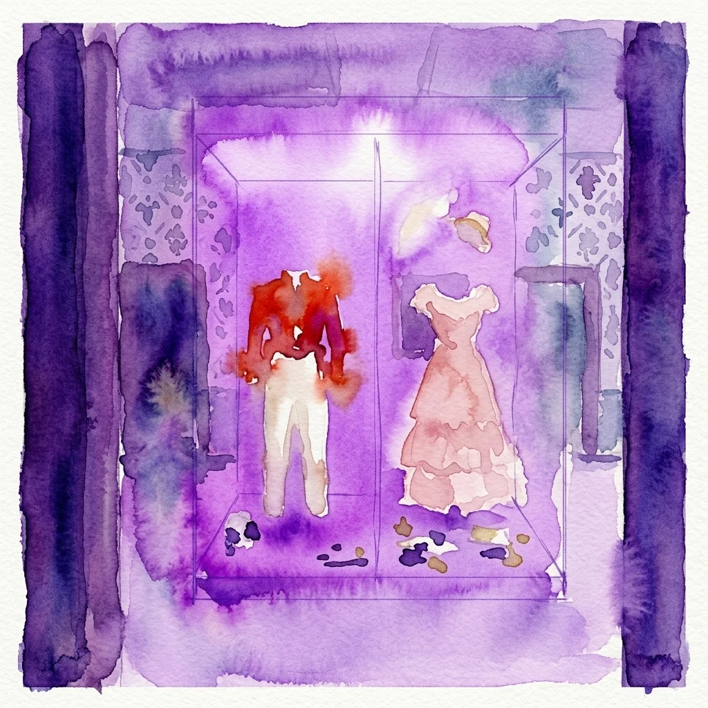 Watercolor illustration of a museum display case featuring 19th-century clothing, including a red jacket and a pink dress, set against a purple background.