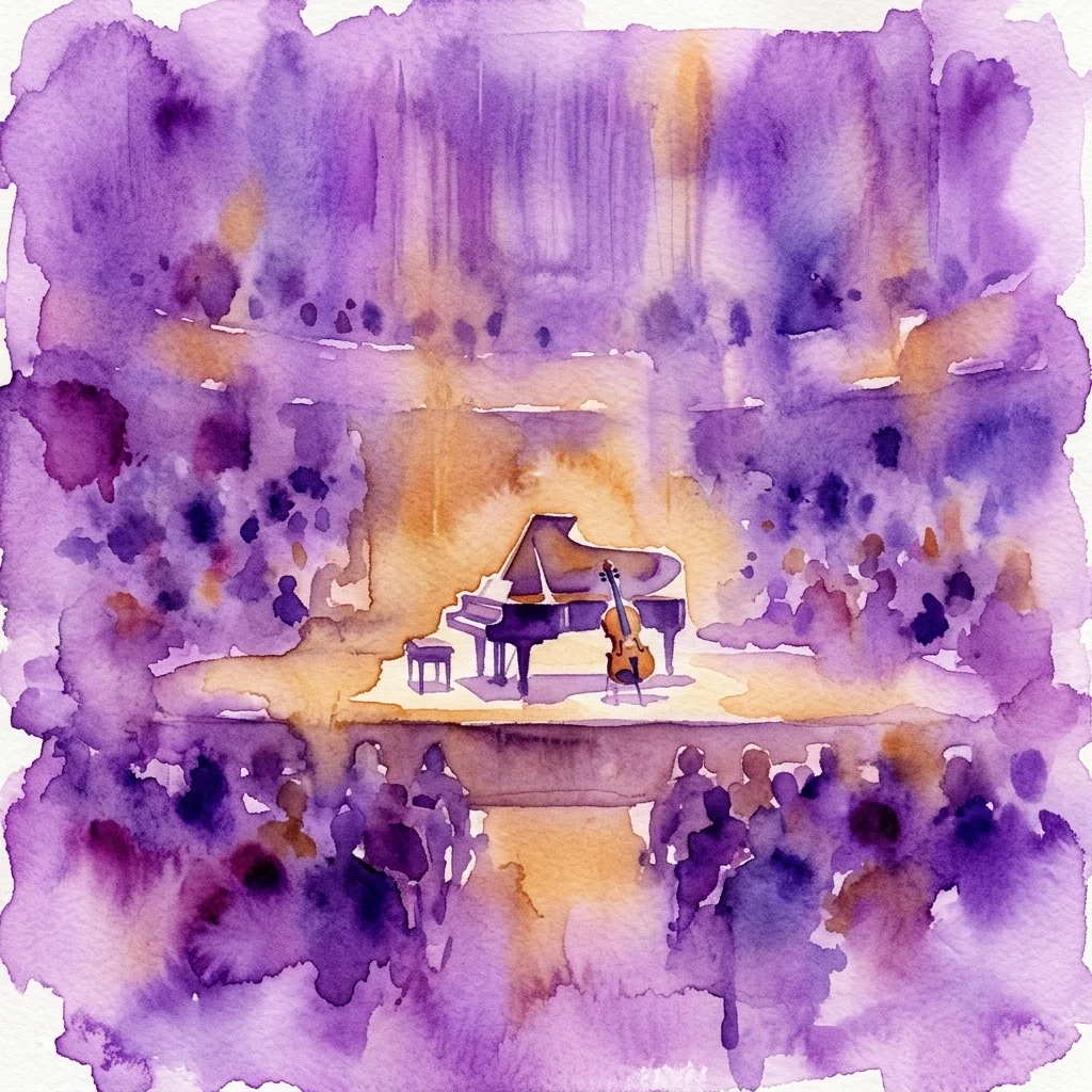 Watercolor illustration of a concert hall with a grand piano and violin on stage, bathed in warm light, with an audience in the background.