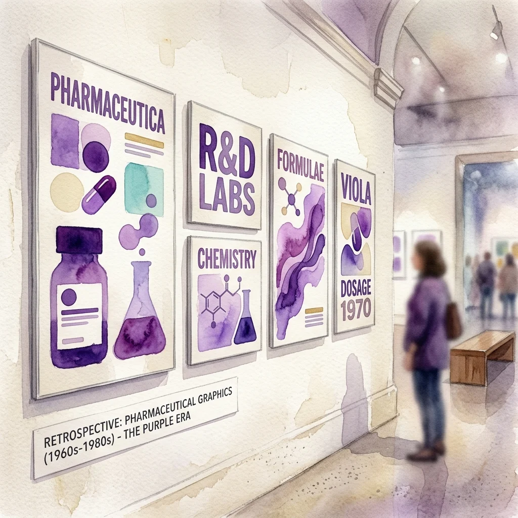 Ilustracja akwarelowa galerii muzealnej prezentującej oprawione grafiki farmaceutyczne z lat 1960-1980, z odważną fioletową typografią i wyświetlanymi obrazami naukowymi.