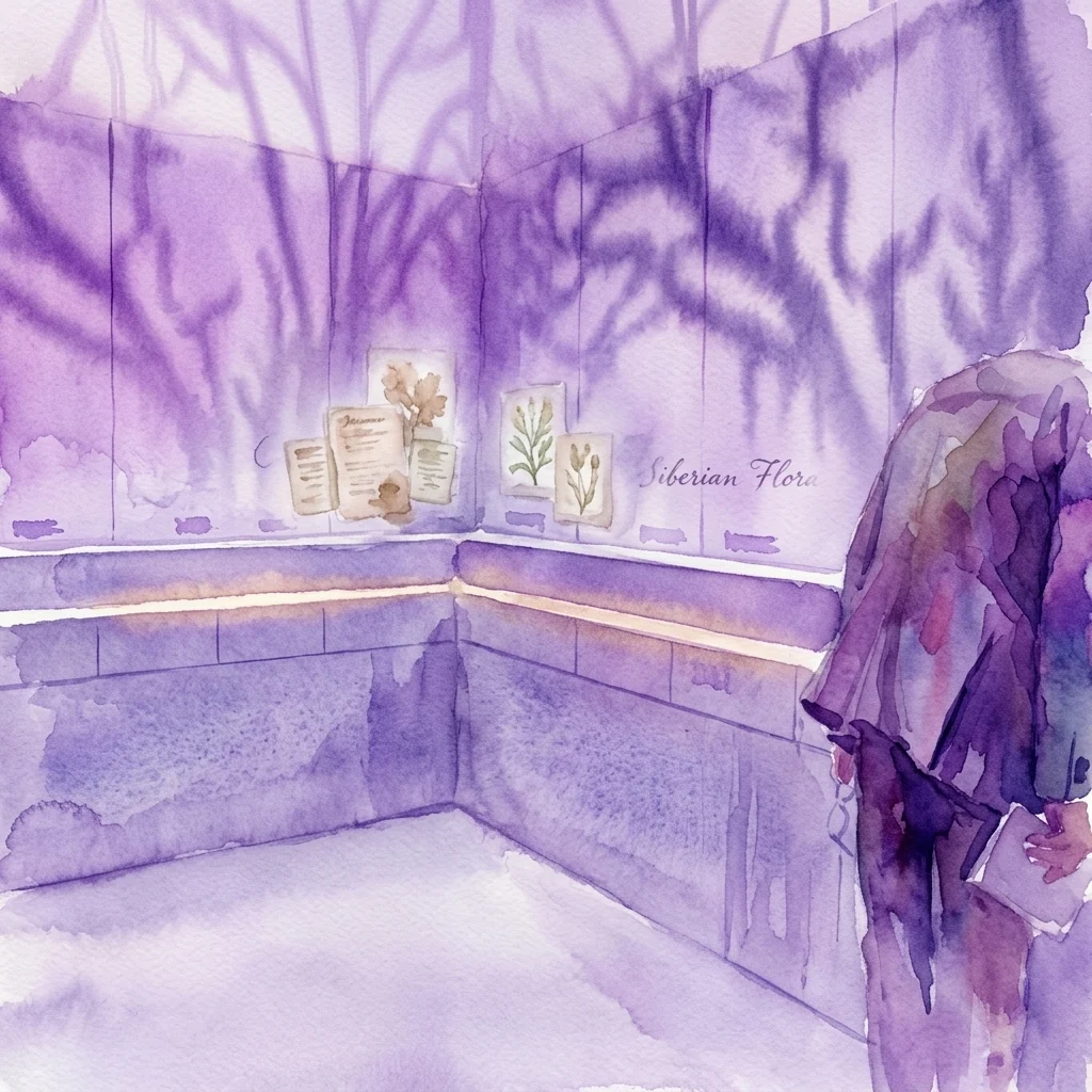 Ilustracja akwarelowa przedstawiająca muzealną wystawę z kartami okazów botanicznych i ilustracjami naukowymi syberyjskiej flory, z odwiedzającym obserwującym ekspozycję w słabo oświetlonej galerii.