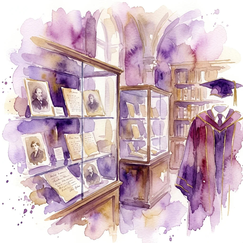 Ilustracja akwarelowa historycznej wystawy prezentującej zabytkowe fotografie, dokumenty i szaty akademickie w gablotach, z togą i czapką absolwenta, w otoczeniu uczelnianej biblioteki.