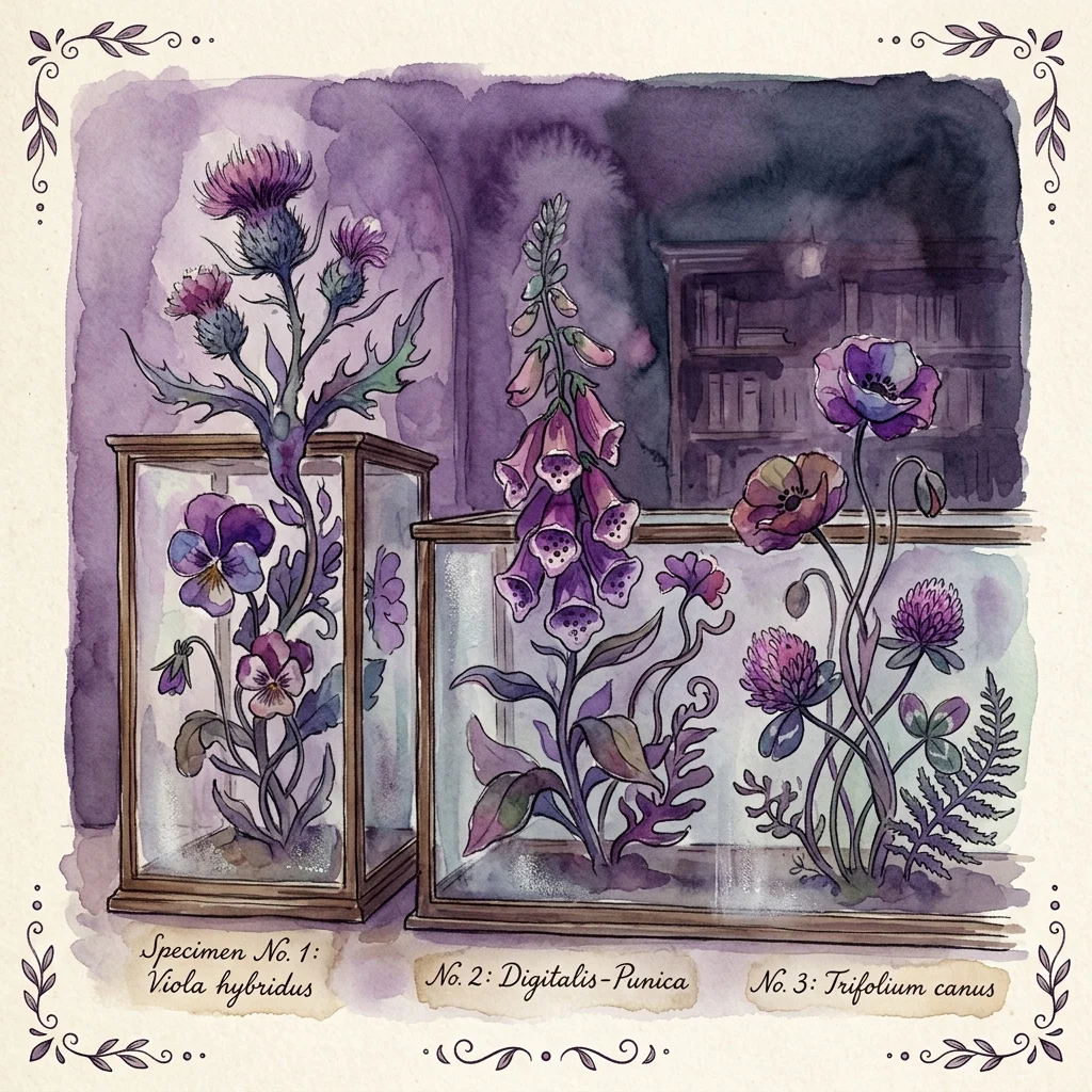Artystyczna ilustracja akwarelowa surrealistycznych roślin hybrydowych w gablotach, opisanych jako Okaz nr 1: Viola hybridus, nr 2: Digitalis-Punica i nr 3: Trifolium canus, na tle muzeum w odcieniu fioletu.