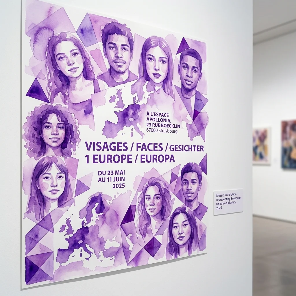 Purple watercolor poster for '1 Europe – 1000 Faces' at Espace Apollonia, Strasbourg, depicting diverse student portraits around maps of Europe, on view through June 11, 2025.