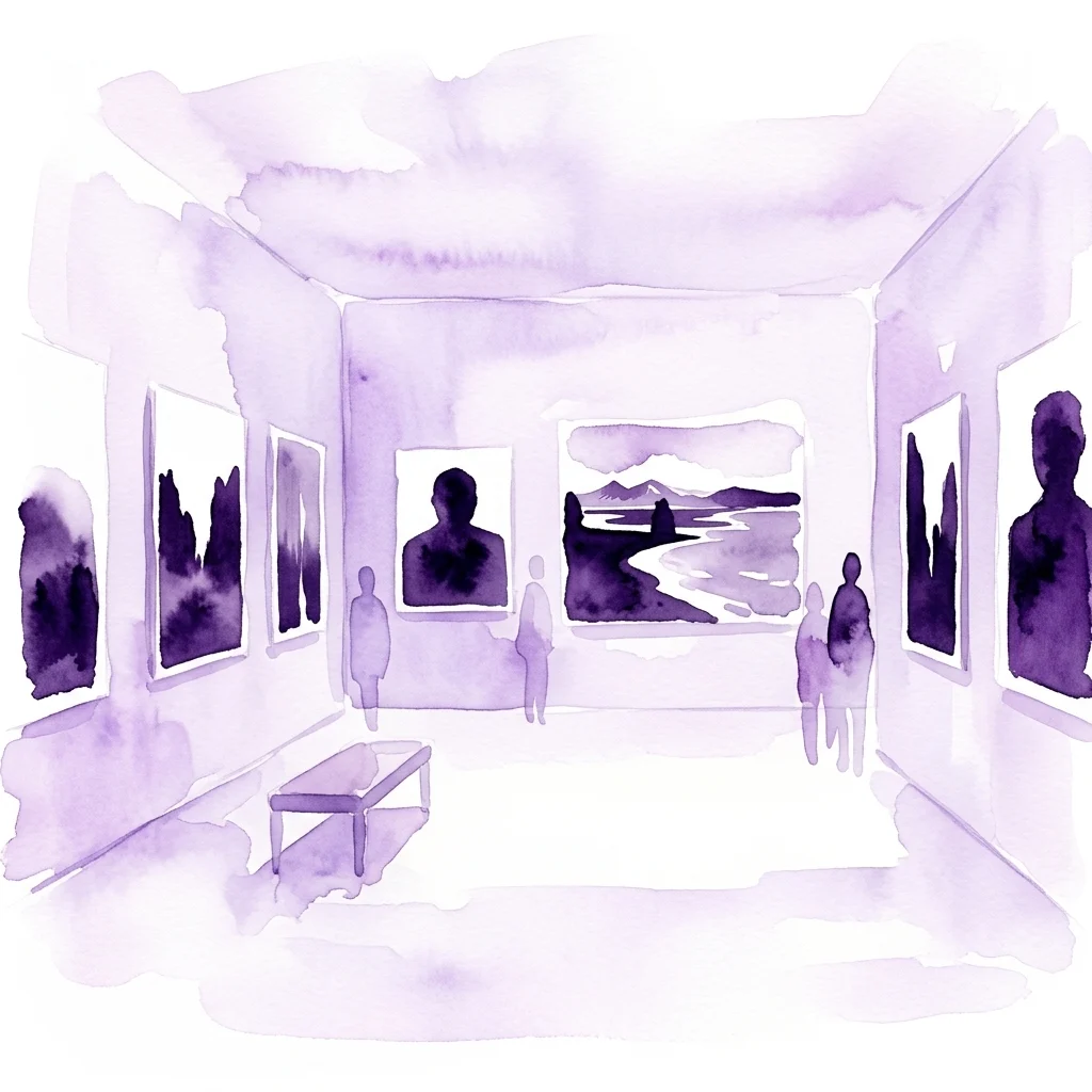 Stylized purple watercolor illustration of a minimalist gallery interior with framed artworks, visitor silhouettes, and a wooden bench beneath photographs on white walls.