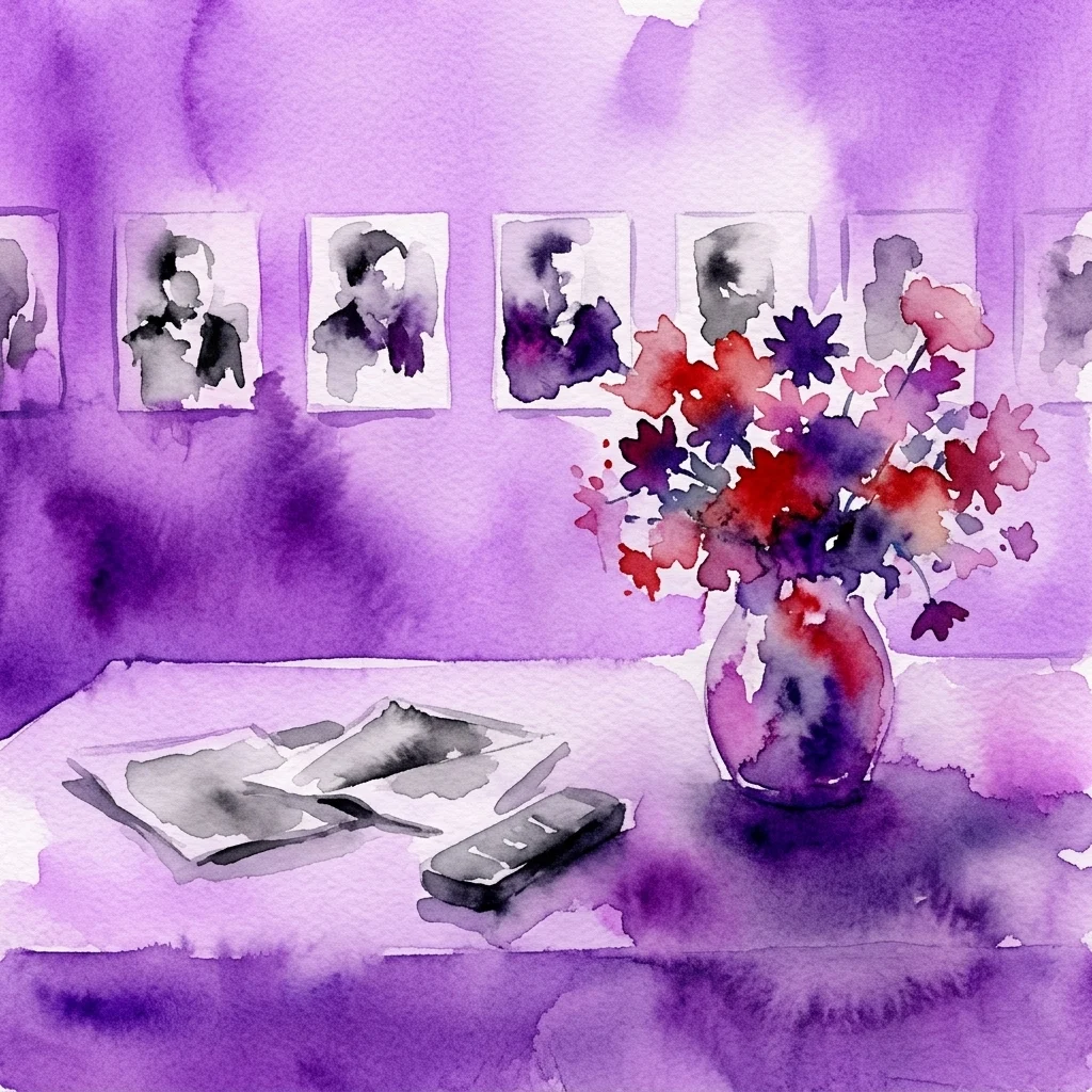 Watercolor painting in purple tones depicting a wall with a row of black and white portraits, a vase of colorful flowers, and books with a remote control on a table.