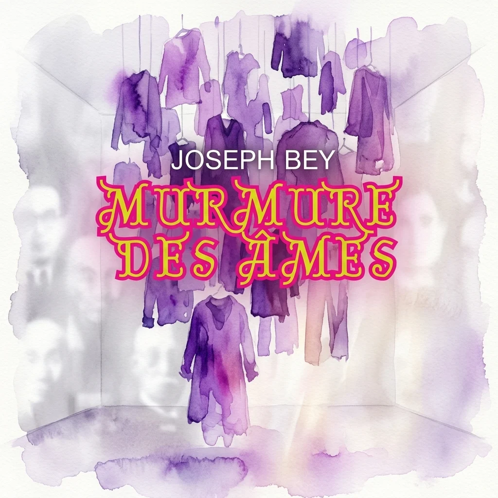 Watercolor-style illustration of purple garments suspended in a white gallery space, overlaid with the title 'Joseph Bey – Murmure des Âmes'.