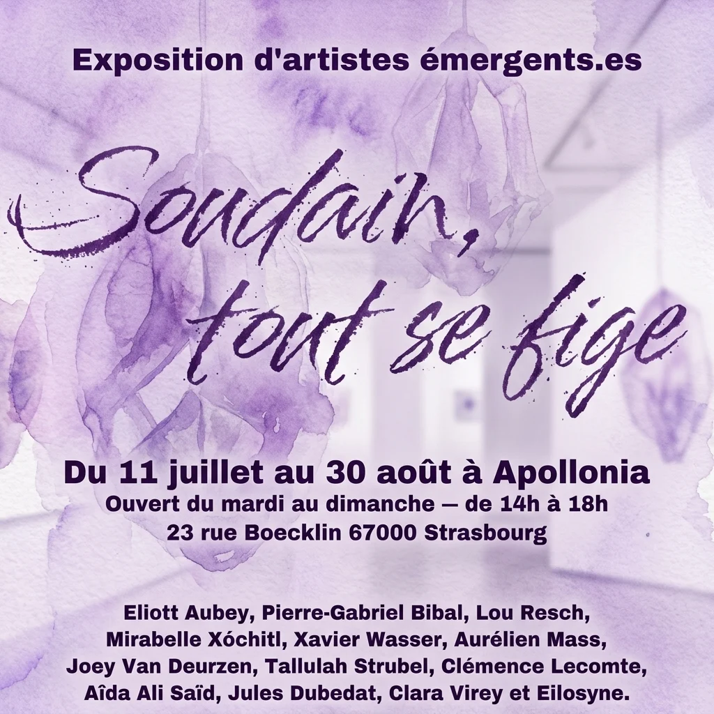 Purple watercolor poster for 'Soudain, tout se fige' emerging artists exhibition at Apollonia Strasbourg, running July 11 to August 30, listing participating artists.