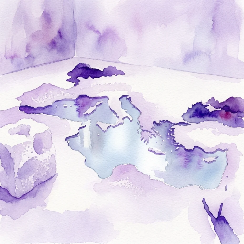 Watercolor artwork in purple and blue tones depicting an abstract Mediterranean-shaped map, surrounded by organic watercolor washes and a small spiral form on the left.